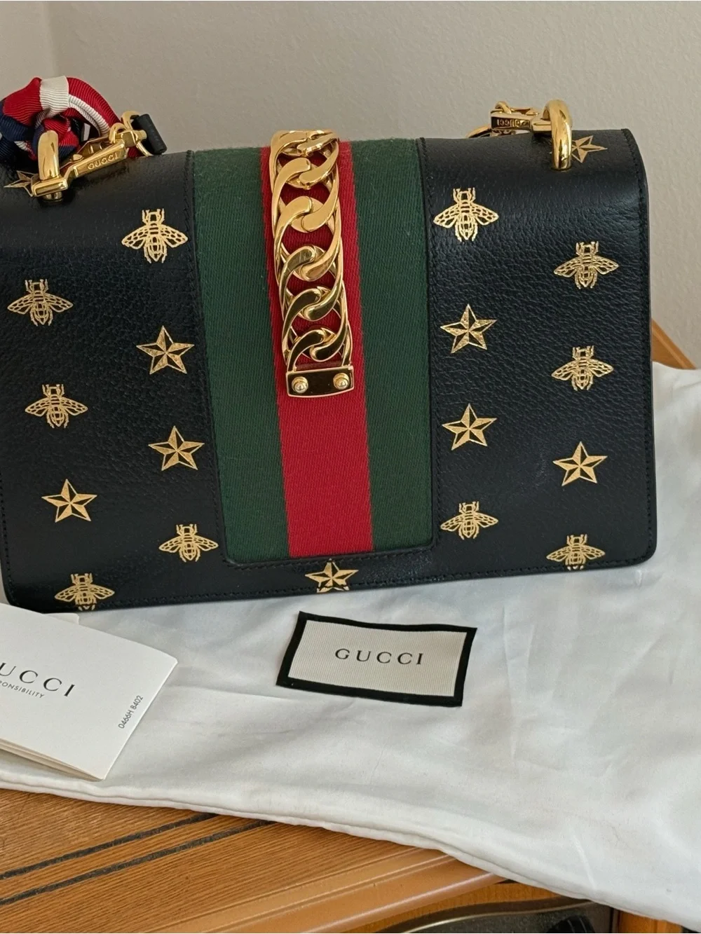 Gucci Black Leather Bee & Star Embellished Shoulder Bag with Red/Green Stripe